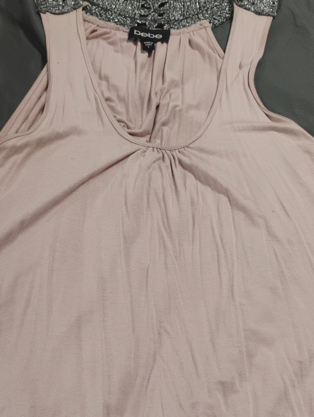 Bebe Scoop Neck Tank Top in Pale Pink Withsilver Back Style. Generous Small .